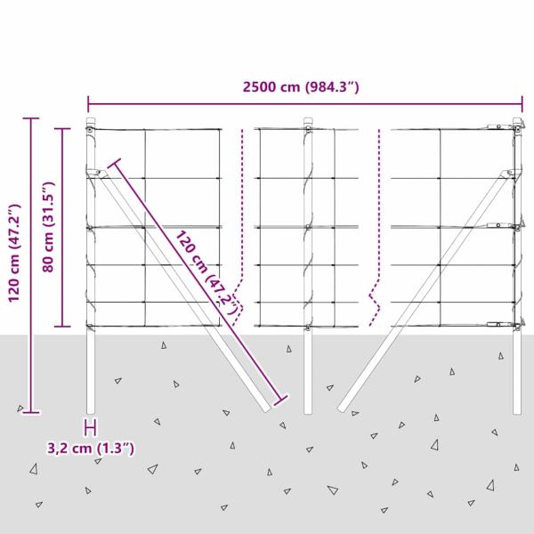 Feldzaun 0.8x25 m verzinkter Stahl, Zaunpfosten 13 Stück Ø32 mm 120 cm verzinkter Stahl