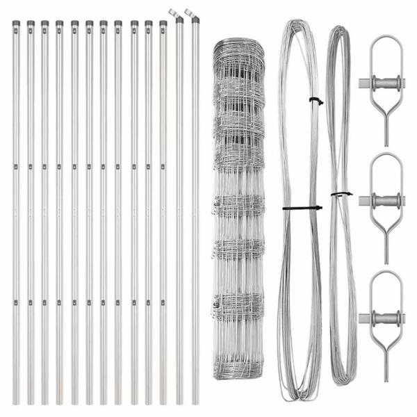 Feldzaun 1x25 m Verzinkter Stahl, Zaunpfosten 13 Stück Ø32 mm 150 cm Verzinkter Stahl