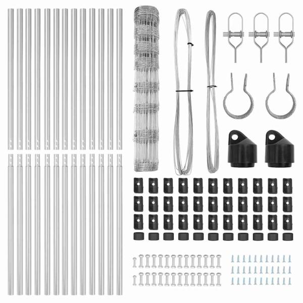 Feldzaun 1x25 m feuerverzinkter Stahl, Zaunpfosten 13 Stück Ø32 mm 150 cm feuerverzinkter Stahl