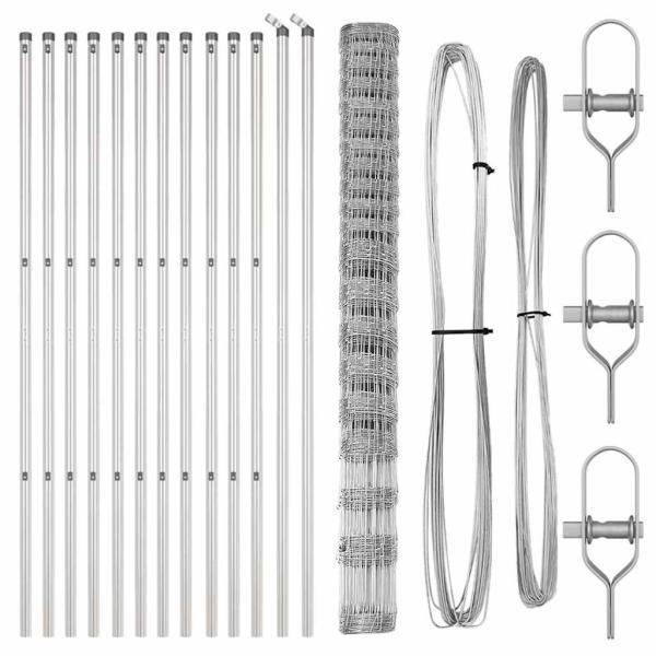 Feldzaun 1x25 m verzinkter Stahl, Zaunpfosten 13 Stück Ø32 mm 150 cm verzinkter Stahl
