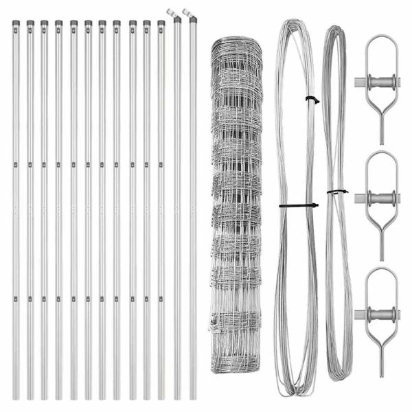 Feldzaun 1x25 m Verzinkter Stahl, Zaunpfosten 13 Stück Ø32 mm 150 cm Verzinkter Stahl
