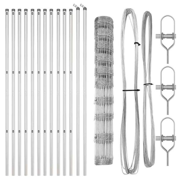 Feldzaun 1.2x25 m feuerverzinkter Stahl, Zaunpfosten 13 Stück Ø32 mm 170 cm feuerverzinkter Stahl