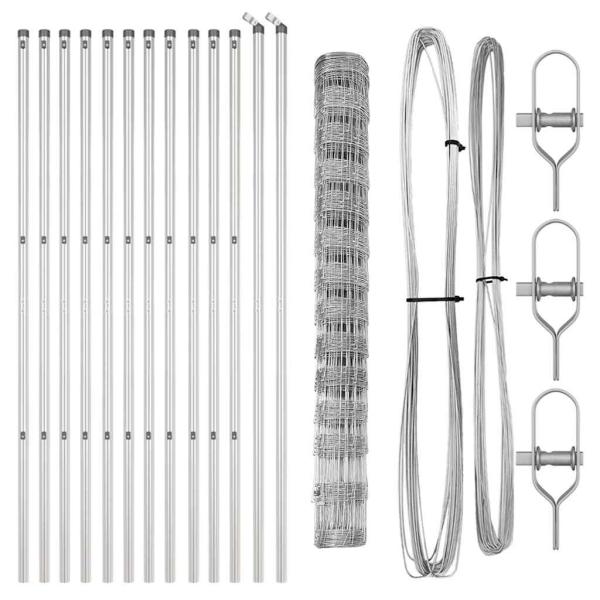 Feldzaun 1.4x25 m Verzinkter Stahl, Zaunpfosten 13 Stück Ø32 mm 190 cm Verzinkter Stahl