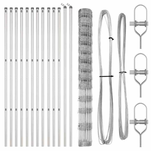 Feldzaun 1,5x25 m verzinkter Stahl, Zaunpfosten 13 Stück Ø32 mm 200 cm verzinkter Stahl