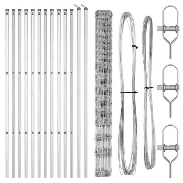 Feldzaun 1,5 x 25 m Verzinkter Stahl, Zaunpfosten 13 Stück Ø32 mm 200 cm Verzinkter Stahl