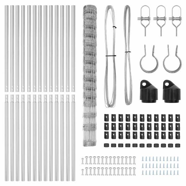 Feldzaun 1,6x25 m verzinkter Stahl, Zaunpfosten 13 Stück Ø32 mm 210 cm verzinkter Stahl