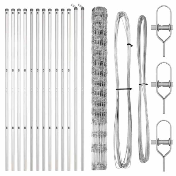 Feldzaun 1,6x25 m Verzinkter Stahl, Zaunpfosten 13 Stück Ø32 mm 210 cm Verzinkter Stahl