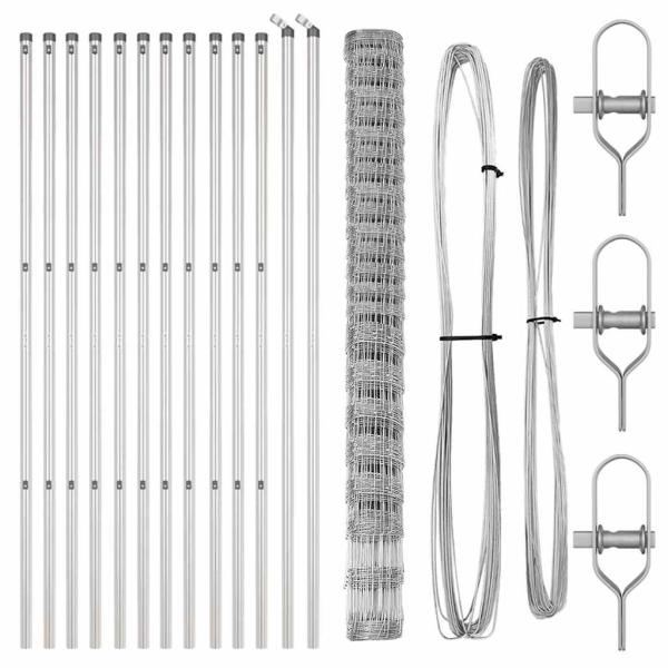 Feldzaun 1,6x25 m Verzinkter Stahl, Zaunpfosten 13 Stück Ø32 mm 210 cm Verzinkter Stahl