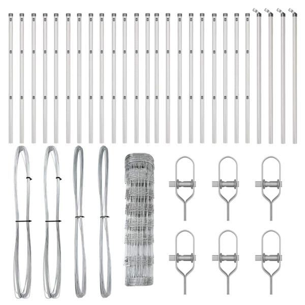 Feldzaun 0.8x50 m Verzinkter Stahl, Zaunpfosten 13 Stück Ø32 mm 120 cm Verzinkter Stahl