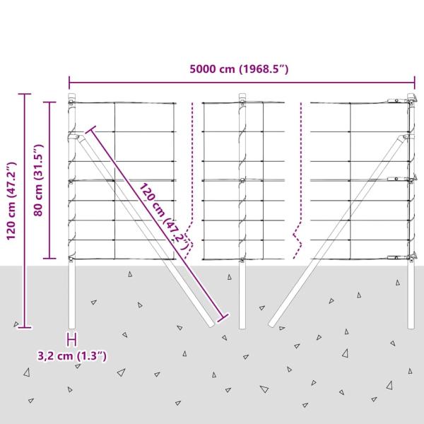 Feldzaun 0.8x50 m verzinkter Stahl, Zaunpfosten 13 Stück Ø32 mm 120 cm verzinkter Stahl