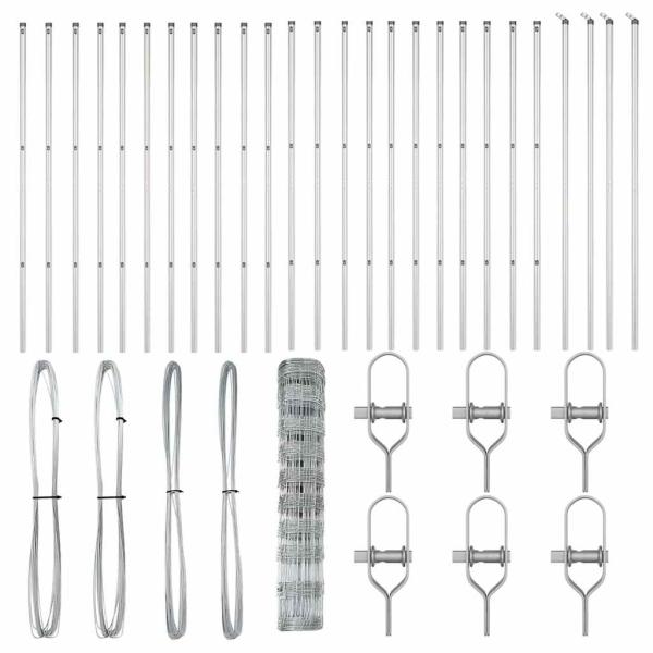 Feldzaun 1x50 m Verzinkter Stahl, Zaunpfosten 13 Stück Ø32 mm 150 cm Verzinkter Stahl