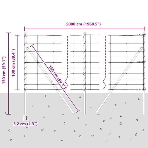 Feldzaun 1x50 m Verzinkter Stahl, Zaunpfosten 13 Stück Ø32 mm 150 cm Verzinkter Stahl
