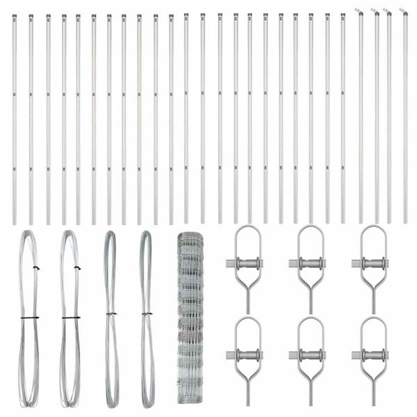 Ackerzaun 1,2x50 m verzinkter Stahl, Zaunpfosten 13 Stück Ø32 mm 170 cm verzinkter Stahl
