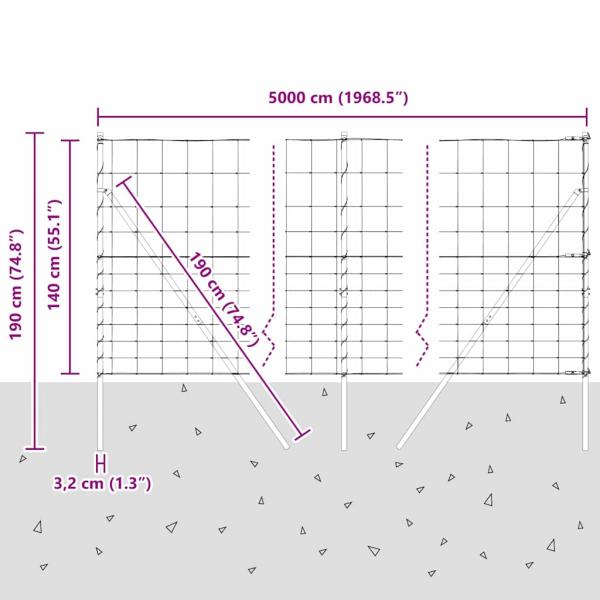 Field Fence 1.4x50 m feuerverzinkter Stahl, Zaunpfosten 13 Stück Ø32 mm 190 cm feuerverzinkter Stahl