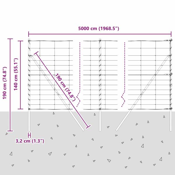 Feldzaun 1,4x50 m verzinkter Stahl, Zaunpfosten 13 Stück Ø32 mm 190 cm verzinkter Stahl
