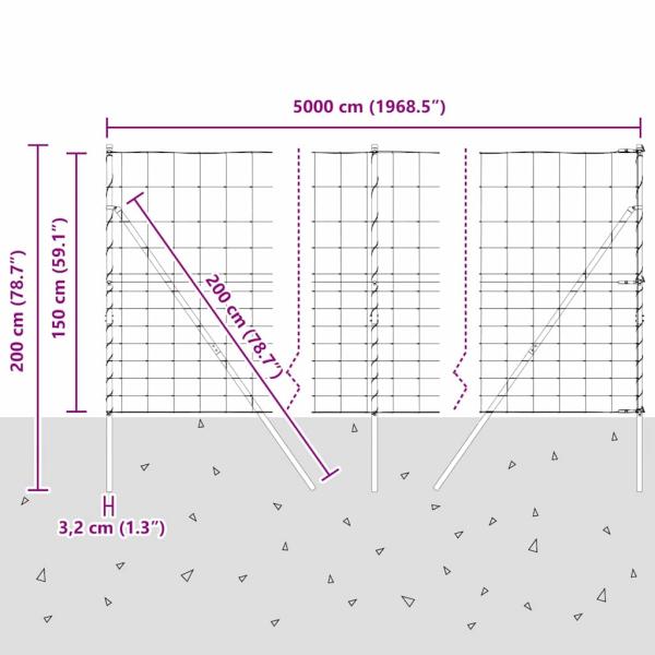 Feldzaun 1,5x50 m Verzinkter Stahl, Zaunpfosten 13 Stück Ø32 mm 200 cm Verzinkter Stahl
