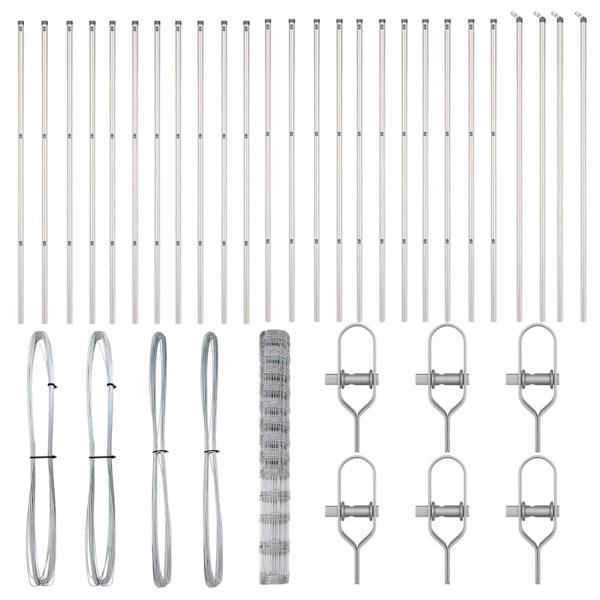 Feldzaun 1,5x50 m Feuerverzinkter Stahl, Zaunpfosten 13 Stück Ø32 mm 200 cm Feuerverzinkter Stahl