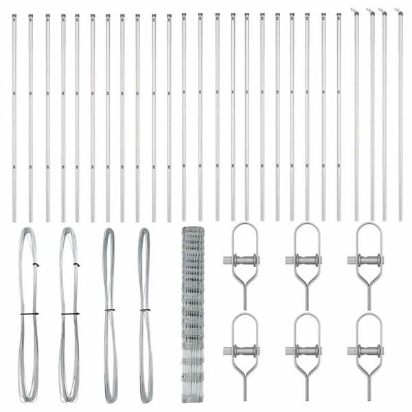 Feldzaun 1,5x50 m verzinkter Stahl, Zaunpfosten 13 Stk Ø32 mm 200 cm verzinkter Stahl