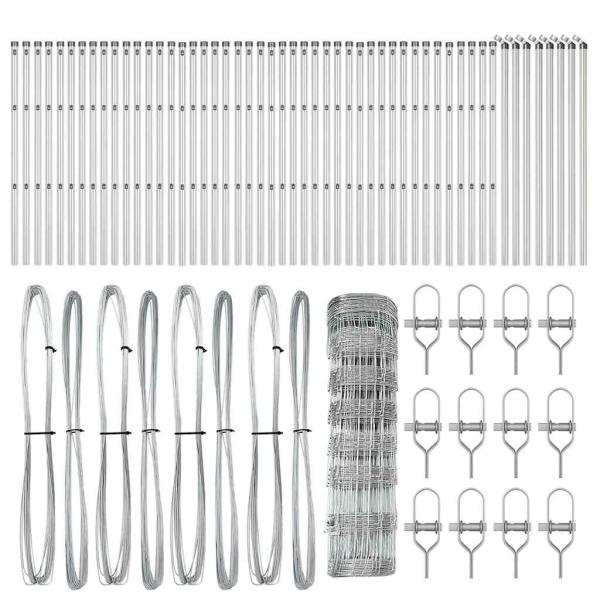 Feldzaun 0,8 x 100 m aus verzinktem Stahl, Zaunpfosten 13 Stk. Ø32 mm 120 cm aus verzinktem Stahl