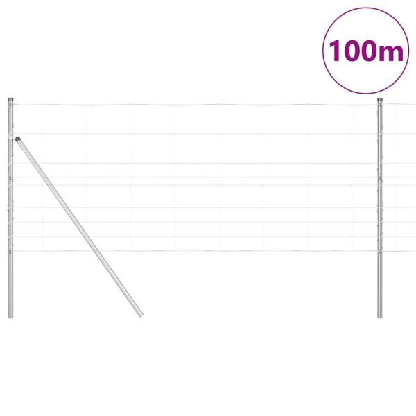 Feldzaun 1x100 m Verzinkter Stahl, Zaunpfosten 13 Stück Ø32 mm 150 cm Verzinkter Stahl