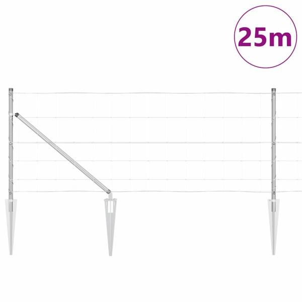 Feldzaun 0.8x25 m Verzinkter Stahl, Zaunpfosten mit Spike 13 Stück Ø32 mm 100 cm Verzinkter Stahl