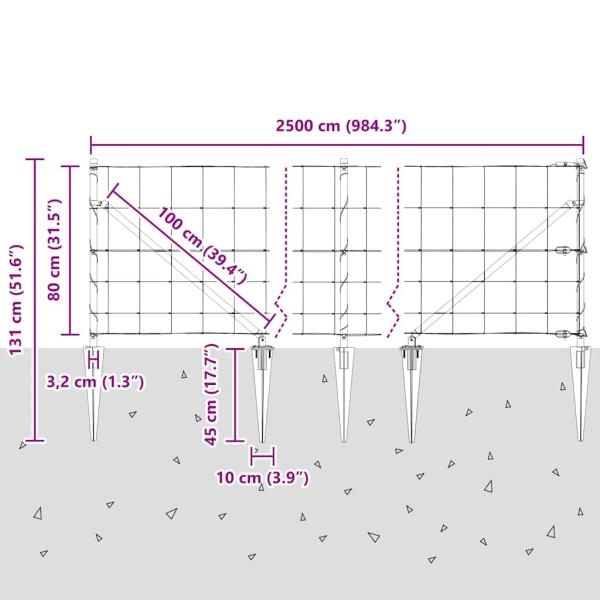 Feldzaun 0.8x25 m Verzinkter Stahl, Zaunpfosten mit Spike 13 Stück Ø32 mm 100 cm Verzinkter Stahl