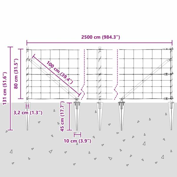 Feldzaun 0,8x25 m verzinkter Stahl, Zaunpfosten mit Spike 13 stk Ø32 mm 100 cm verzinkter Stahl