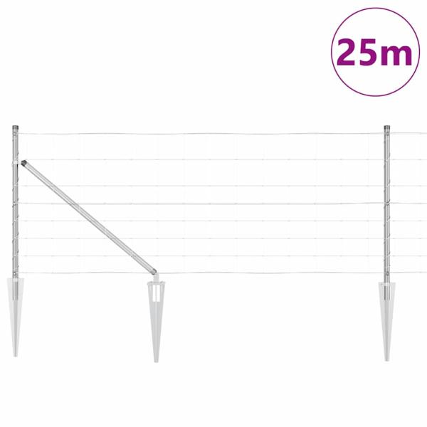 Feldzaun 0,8x25 m verzinkter Stahl, Zaunpfosten mit Spike 13 stk Ø32 mm 100 cm verzinkter Stahl