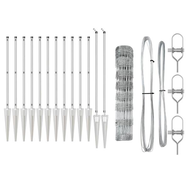 Feldzaun 0,8x25 m verzinkter Stahl, Zaunpfosten mit Spike 13 stk Ø32 mm 100 cm verzinkter Stahl