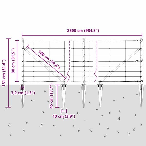 Feldzaun 0,8x25 m verzinkter Stahl, Zaunpfosten mit Spike 13 Stück Ø32 mm 100 cm verzinkter Stahl