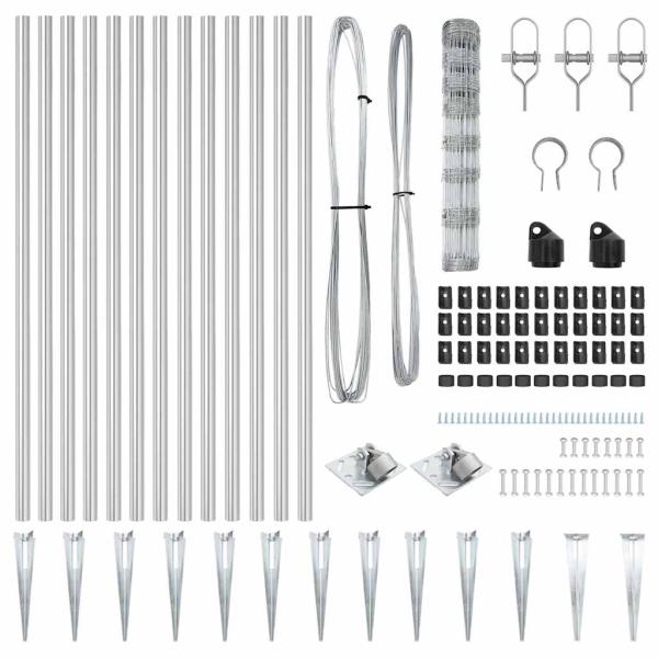 Feldzaun 1x25 m Verzinkter Stahl, Zaunpfähle mit Spike 13 Stück Ø32 mm 120 cm Verzinkter Stahl