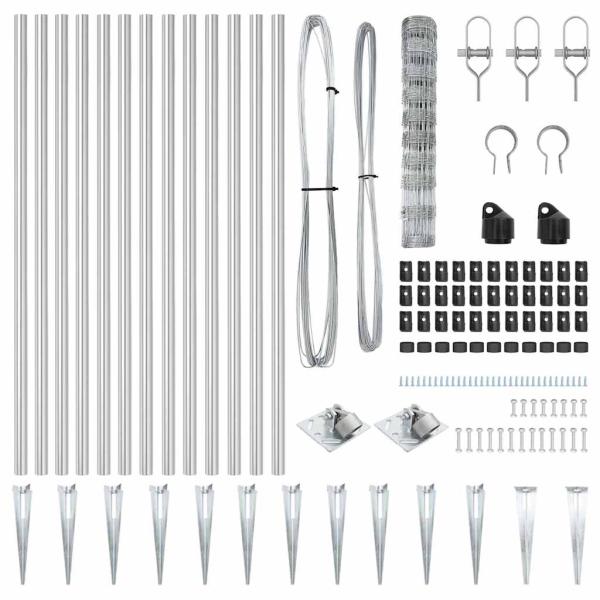 Feldzaun 1x25 m verzinkter Stahl, Zaunpfosten mit Spike 13 Stück Ø32 mm 120 cm verzinkter Stahl