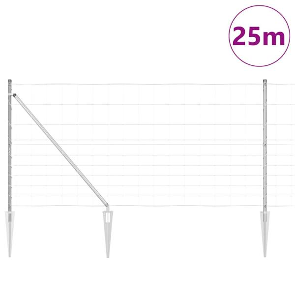Feldzaun 1,2x25 m verzinkter Stahl, Zaunpfosten mit Spike 13 Stück Ø32 mm 140 cm verzinkter Stahl