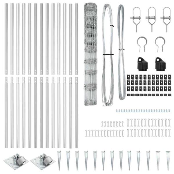 Feldzaun 1,2x25 m verzinkter Stahl, Zaunpfosten mit Spike 13 Stück Ø32 mm 140 cm verzinkter Stahl