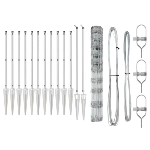 Feldzaun 1,2x25 m verzinkter Stahl, Zaunpfosten mit Spitze 13 Stück Ø32 mm 140 cm verzinkter Stahl