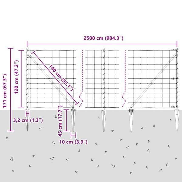 Feldzaun 1,2x25 m aus verzinktem Stahl, Zaunpfosten mit Spitze 13 Stück Ø32 mm 140 cm aus verzinktem Stahl