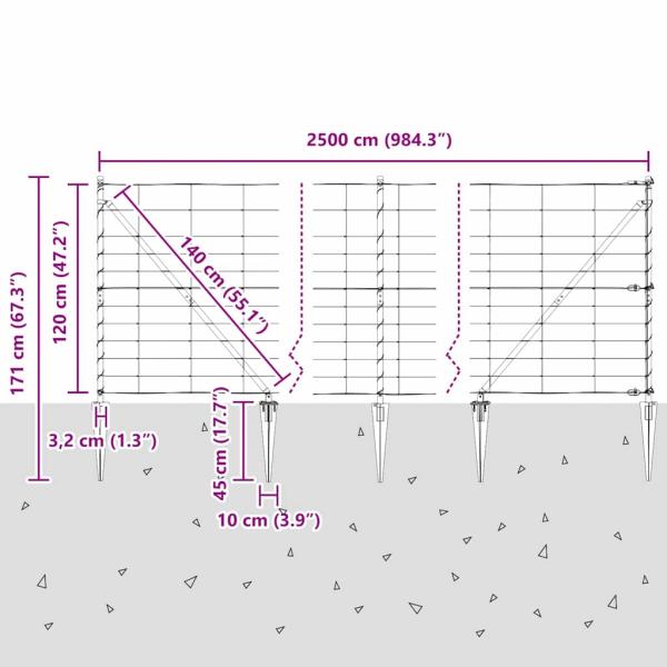 Feldzaun 1.2x25 m Verzinkter Stahl, Zaunpfosten mit Erdspießen 13 Stück Ø32 mm 140 cm Verzinkter Stahl