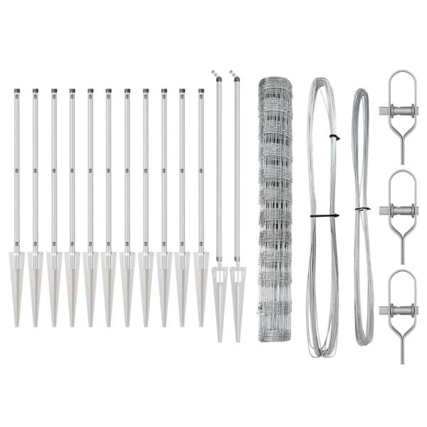 Feldzaun 1.2x25 m Verzinkter Stahl, Zaunpfosten mit Erdspießen 13 Stück Ø32 mm 140 cm Verzinkter Stahl