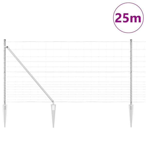 Feldzaun 1,2 x 25 m verzinkter Stahl, Zaunpfosten mit Spike 13 Stück Ø32 mm 140 cm verzinkter Stahl