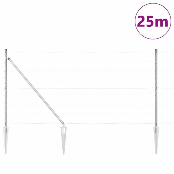Feldzaun 1,2x25 m Verzinkter Stahl, Zaunpfosten mit Spike 13 Stück Ø32 mm 140 cm Verzinkter Stahl