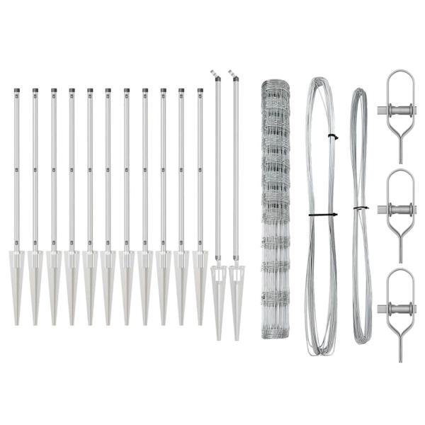 Feldzaun 1,4 x 25 m verzinkter Stahl, Zaunpfosten mit Spitze 13 Stück Ø32 mm 160 cm verzinkter Stahl