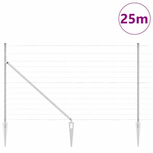 Feldzaun 1,4 x 25 m Verzinkter Stahl, Zaunpfosten mit Spitze 13 Stück Ø32 mm 160 cm Verzinkter Stahl