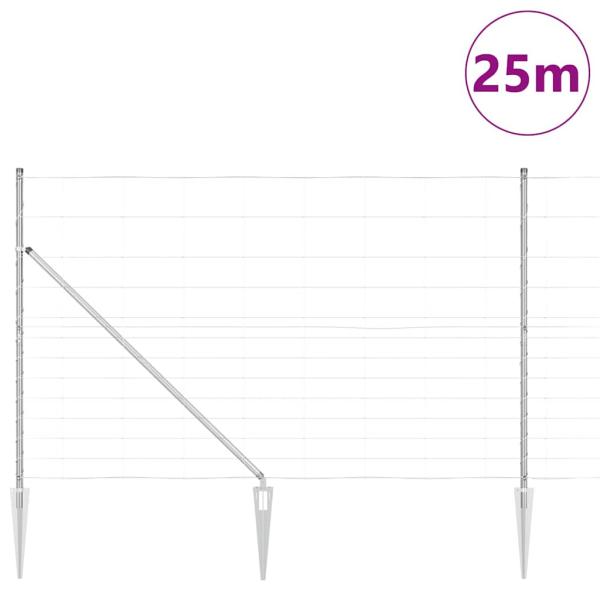 Feldzaun 1.5x25 m feuerverzinkter Stahl, Zaunpfosten mit Spike 13 Stück Ø32 mm 170 cm feuerverzinkter Stahl