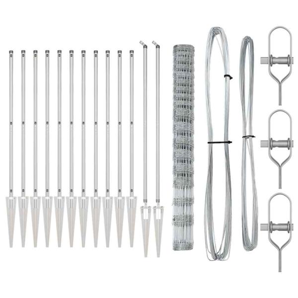 Feldzaun 1,5x25 m aus verzinktem Stahl, Zaunpfosten mit Spike, 13 Stück, Ø32 mm, 170 cm, verzinkter Stahl