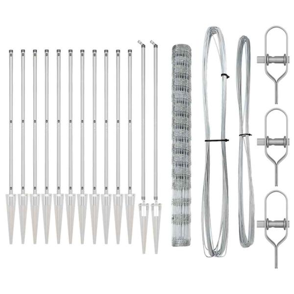 Feldzaun 1,6 x 25 m Verzinkter Stahl, Zaunpfosten mit Spike 13 Stück Ø32 mm 180 cm Verzinkter Stahl