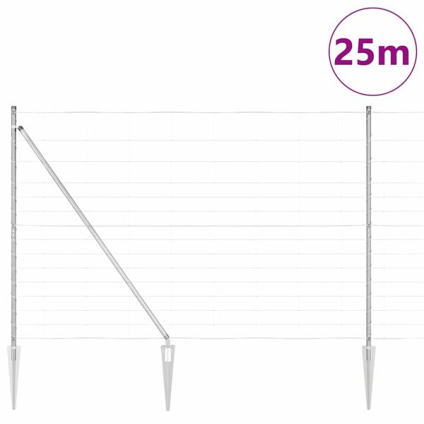 Feldzaun 1.6x25 m verzinkter Stahl, Zaunpfosten mit Spike 13 Stück Ø32 mm 180 cm verzinkter Stahl