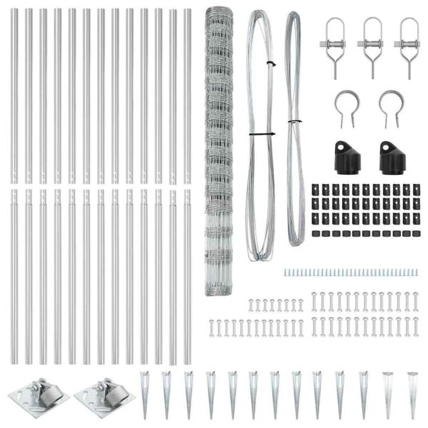 Feldzaun 1.6x25 m verzinkter Stahl, Zaunpfosten mit Spike 13 Stück Ø32 mm 180 cm verzinkter Stahl