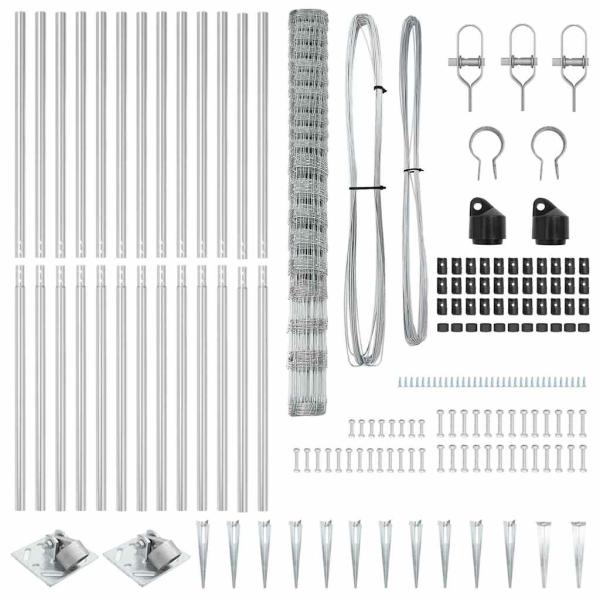 Weidezaun 1,6x25 m galvanisierter Stahl, Zaunpfähle mit Spike 13 Stück Ø32 mm 180 cm galvanisierter Stahl