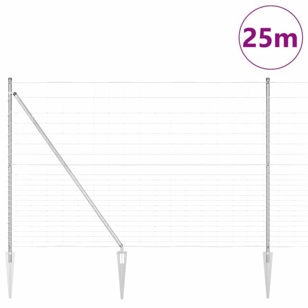 Feldzaun 1,6x25 m Verzinkter Stahl, Zaunpfosten mit Spike 13 Stück Ø32 mm 180 cm Verzinkter Stahl
