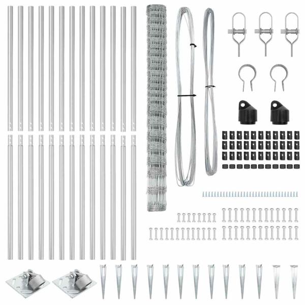 Feldzaun 1,6x25 m Verzinkter Stahl, Zaunpfosten mit Spike 13 Stück Ø32 mm 180 cm Verzinkter Stahl